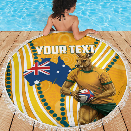 Personalised Australian Rugby Wallabies Beach Blanket Aboriginal Art Kangaroo Player Design