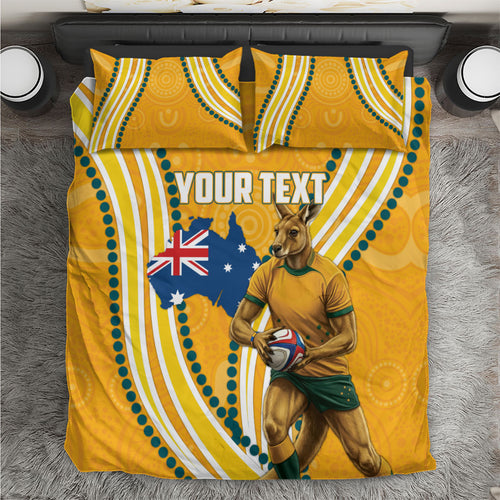 Personalised Australian Rugby Wallabies Bedding Set Aboriginal Art Kangaroo Player Design
