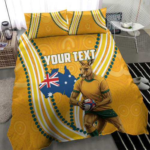 Personalised Australian Rugby Wallabies Bedding Set Aboriginal Art Kangaroo Player Design