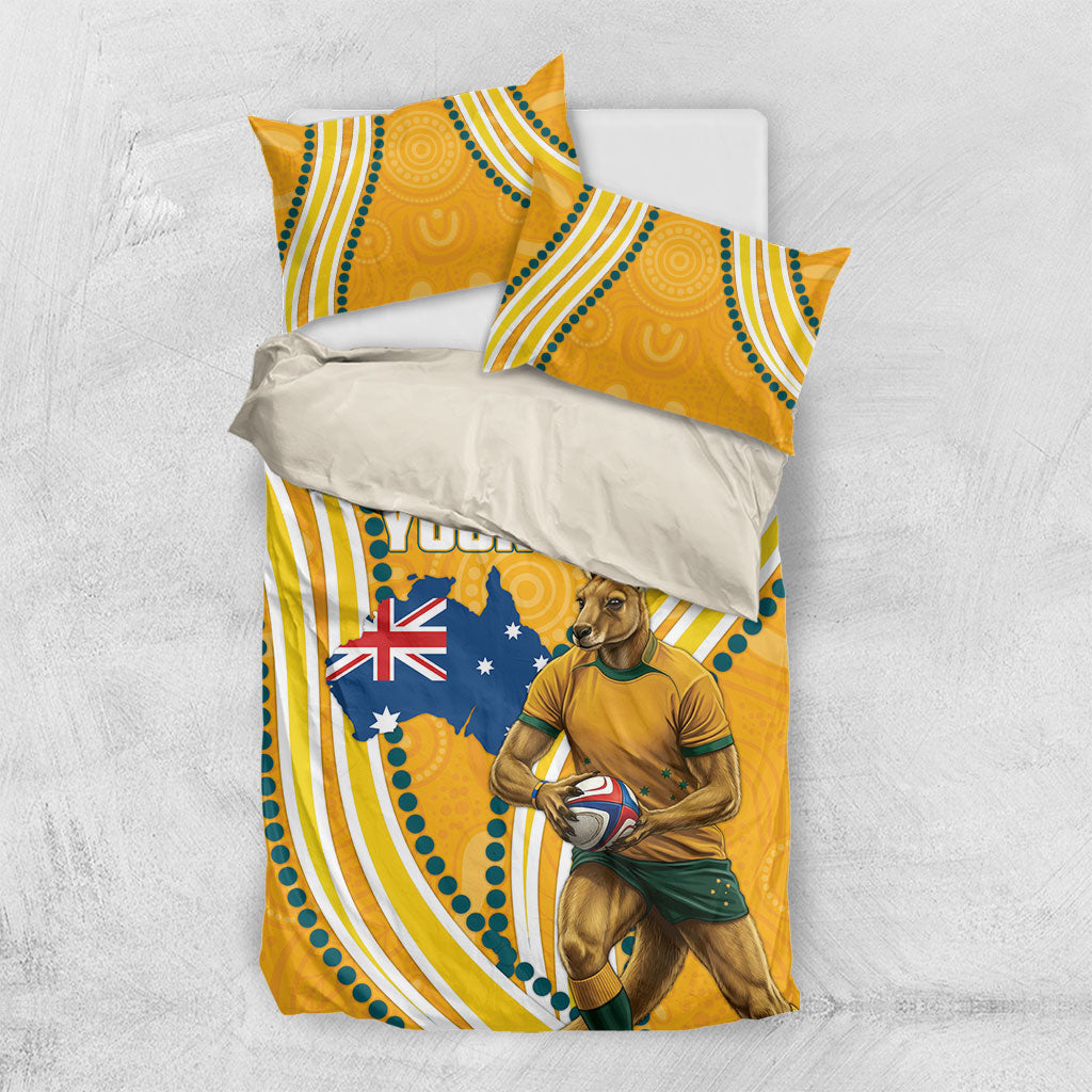 Personalised Australian Rugby Wallabies Bedding Set Aboriginal Art Kangaroo Player Design