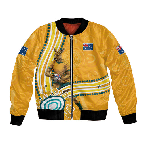 Personalised Australian Rugby Wallabies Bomber Jacket Aboriginal Art Kangaroo Player Design