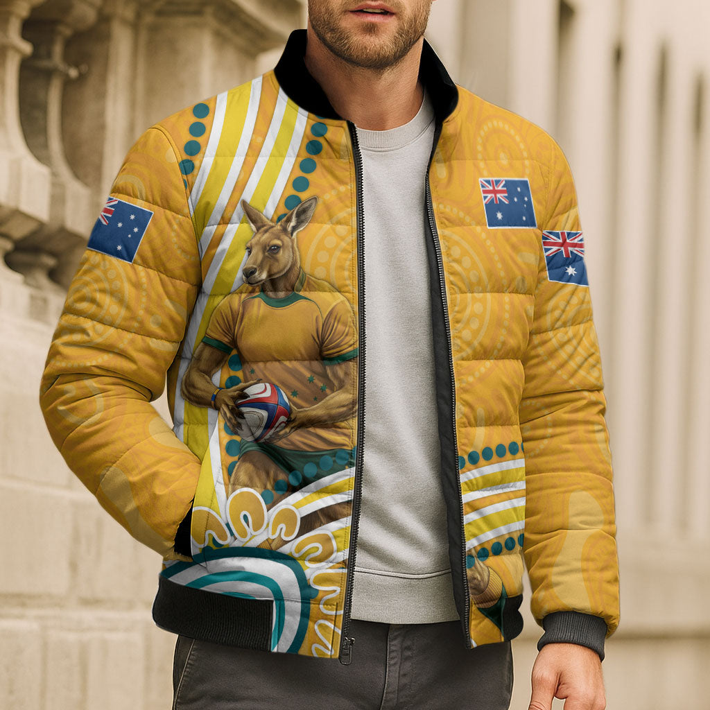 Personalised Australian Rugby Wallabies Bomber Puffer Jacket Aboriginal Art Kangaroo Player Design