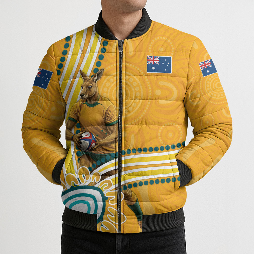 Personalised Australian Rugby Wallabies Bomber Puffer Jacket Aboriginal Art Kangaroo Player Design