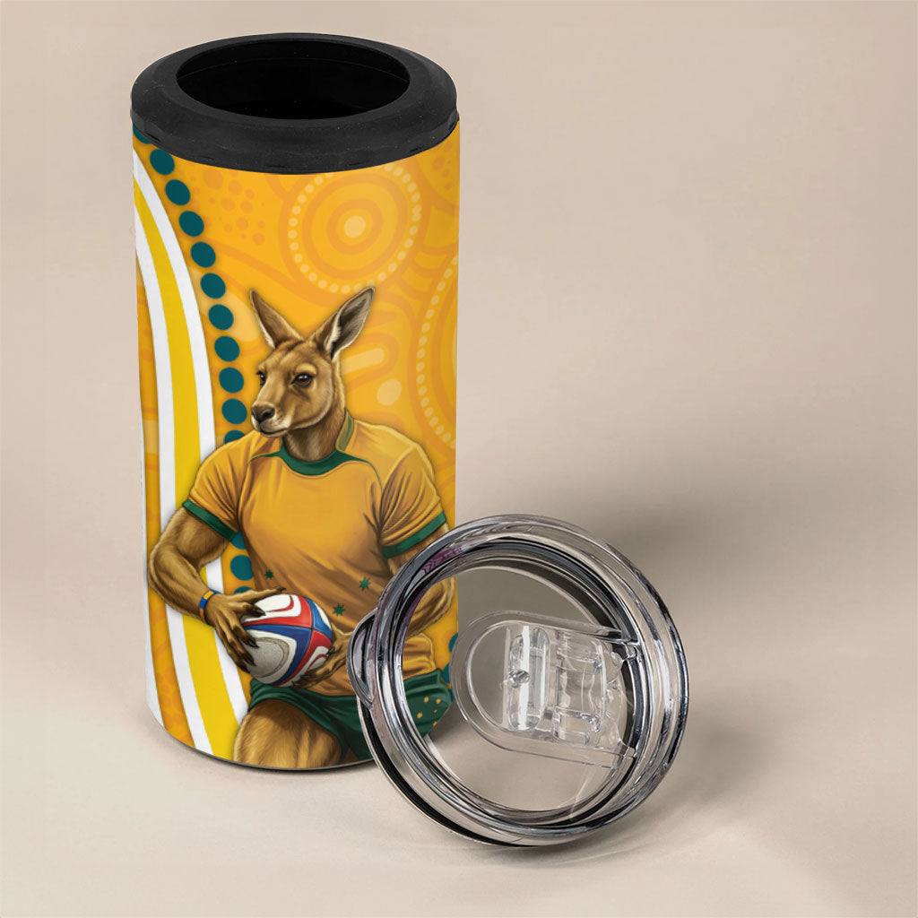 Personalised Australian Rugby Wallabies 4 in 1 Can Cooler Tumbler Aboriginal Art Kangaroo Player Design