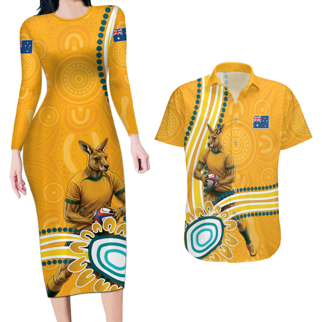 Personalised Australian Rugby Wallabies Couples Matching Long Sleeve Bodycon Dress and Hawaiian Shirt Aboriginal Art Kangaroo Player Design
