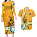 Personalised Australian Rugby Wallabies Couples Matching Long Sleeve Bodycon Dress and Hawaiian Shirt Aboriginal Art Kangaroo Player Design
