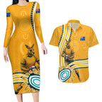 Personalised Australian Rugby Wallabies Couples Matching Long Sleeve Bodycon Dress and Hawaiian Shirt Aboriginal Art Kangaroo Player Design