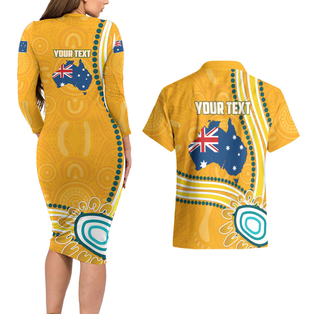 Personalised Australian Rugby Wallabies Couples Matching Long Sleeve Bodycon Dress and Hawaiian Shirt Aboriginal Art Kangaroo Player Design