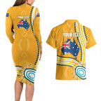 Personalised Australian Rugby Wallabies Couples Matching Long Sleeve Bodycon Dress and Hawaiian Shirt Aboriginal Art Kangaroo Player Design