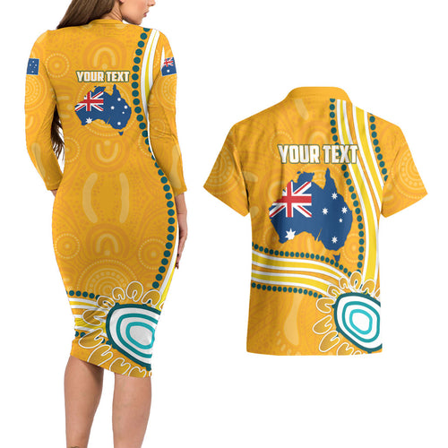 Personalised Australian Rugby Wallabies Couples Matching Long Sleeve Bodycon Dress and Hawaiian Shirt Aboriginal Art Kangaroo Player Design