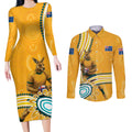 Personalised Australian Rugby Wallabies Couples Matching Long Sleeve Bodycon Dress and Long Sleeve Button Shirt Aboriginal Art Kangaroo Player Design