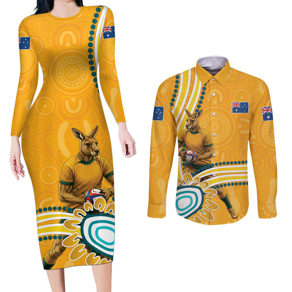 Personalised Australian Rugby Wallabies Couples Matching Long Sleeve Bodycon Dress and Long Sleeve Button Shirt Aboriginal Art Kangaroo Player Design