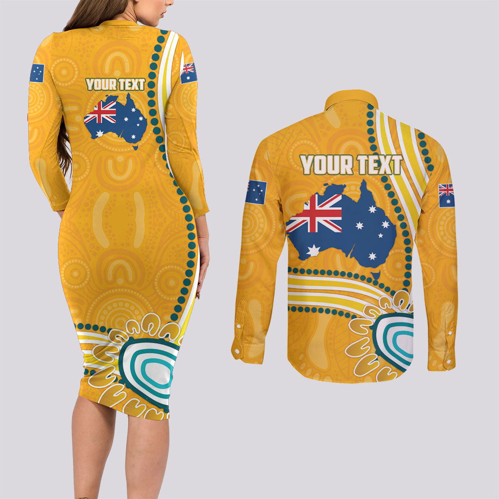 Personalised Australian Rugby Wallabies Couples Matching Long Sleeve Bodycon Dress and Long Sleeve Button Shirt Aboriginal Art Kangaroo Player Design