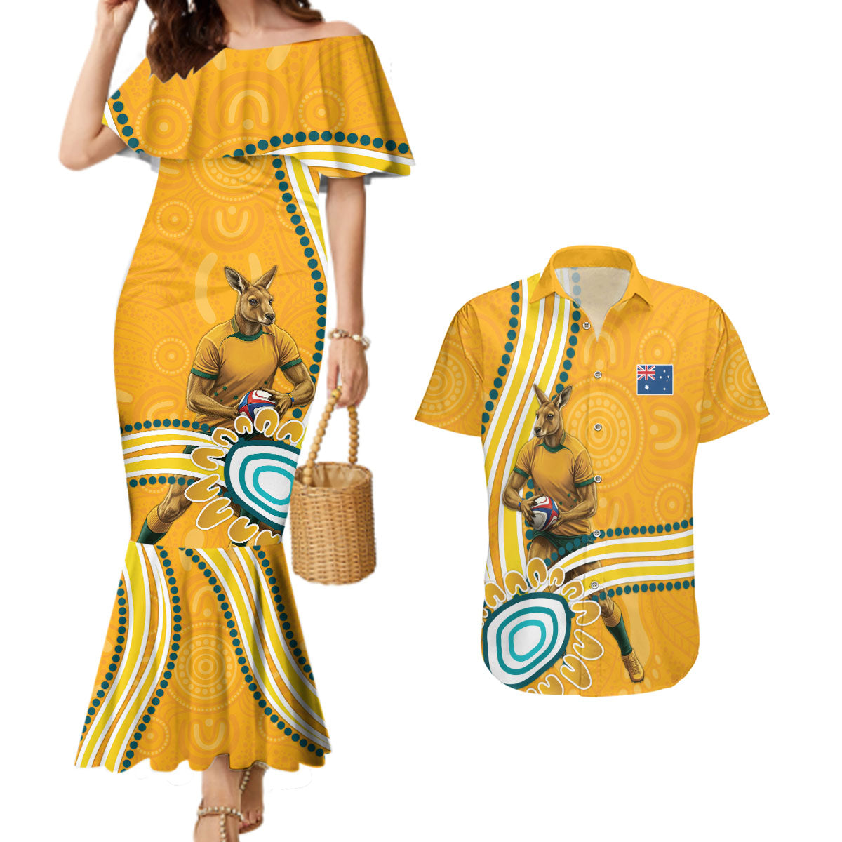 Personalised Australian Rugby Wallabies Couples Matching Mermaid Dress and Hawaiian Shirt Aboriginal Art Kangaroo Player Design