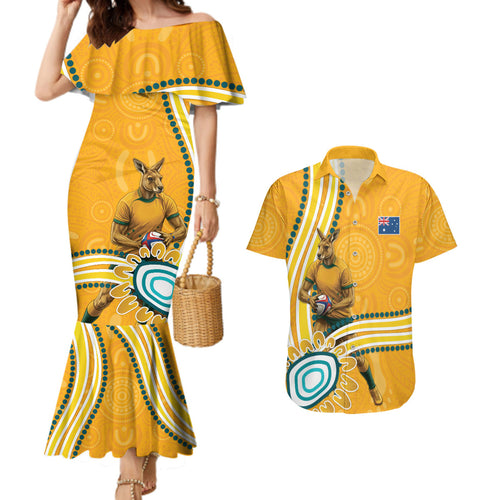 Personalised Australian Rugby Wallabies Couples Matching Mermaid Dress and Hawaiian Shirt Aboriginal Art Kangaroo Player Design