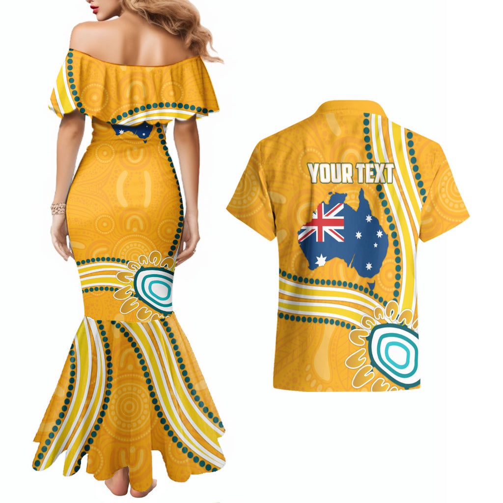 Personalised Australian Rugby Wallabies Couples Matching Mermaid Dress and Hawaiian Shirt Aboriginal Art Kangaroo Player Design