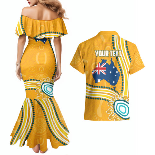 Personalised Australian Rugby Wallabies Couples Matching Mermaid Dress and Hawaiian Shirt Aboriginal Art Kangaroo Player Design