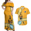 Personalised Australian Rugby Wallabies Couples Matching Off Shoulder Maxi Dress and Hawaiian Shirt Aboriginal Art Kangaroo Player Design