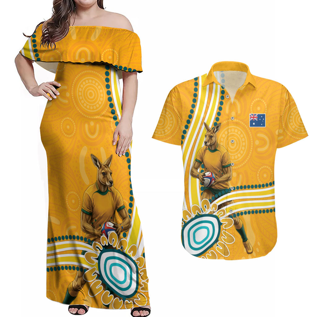 Personalised Australian Rugby Wallabies Couples Matching Off Shoulder Maxi Dress and Hawaiian Shirt Aboriginal Art Kangaroo Player Design