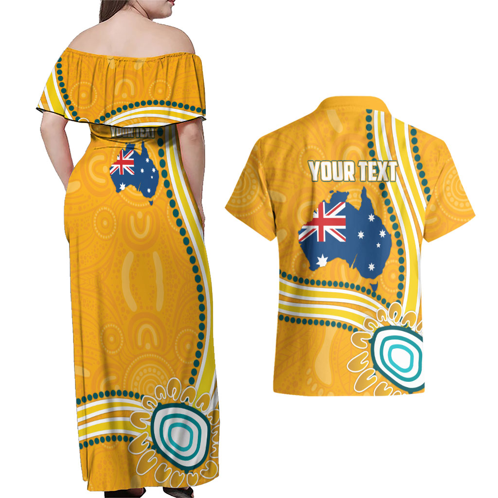 Personalised Australian Rugby Wallabies Couples Matching Off Shoulder Maxi Dress and Hawaiian Shirt Aboriginal Art Kangaroo Player Design