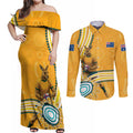 Personalised Australian Rugby Wallabies Couples Matching Off Shoulder Maxi Dress and Long Sleeve Button Shirt Aboriginal Art Kangaroo Player Design