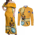 Personalised Australian Rugby Wallabies Couples Matching Off Shoulder Maxi Dress and Long Sleeve Button Shirt Aboriginal Art Kangaroo Player Design