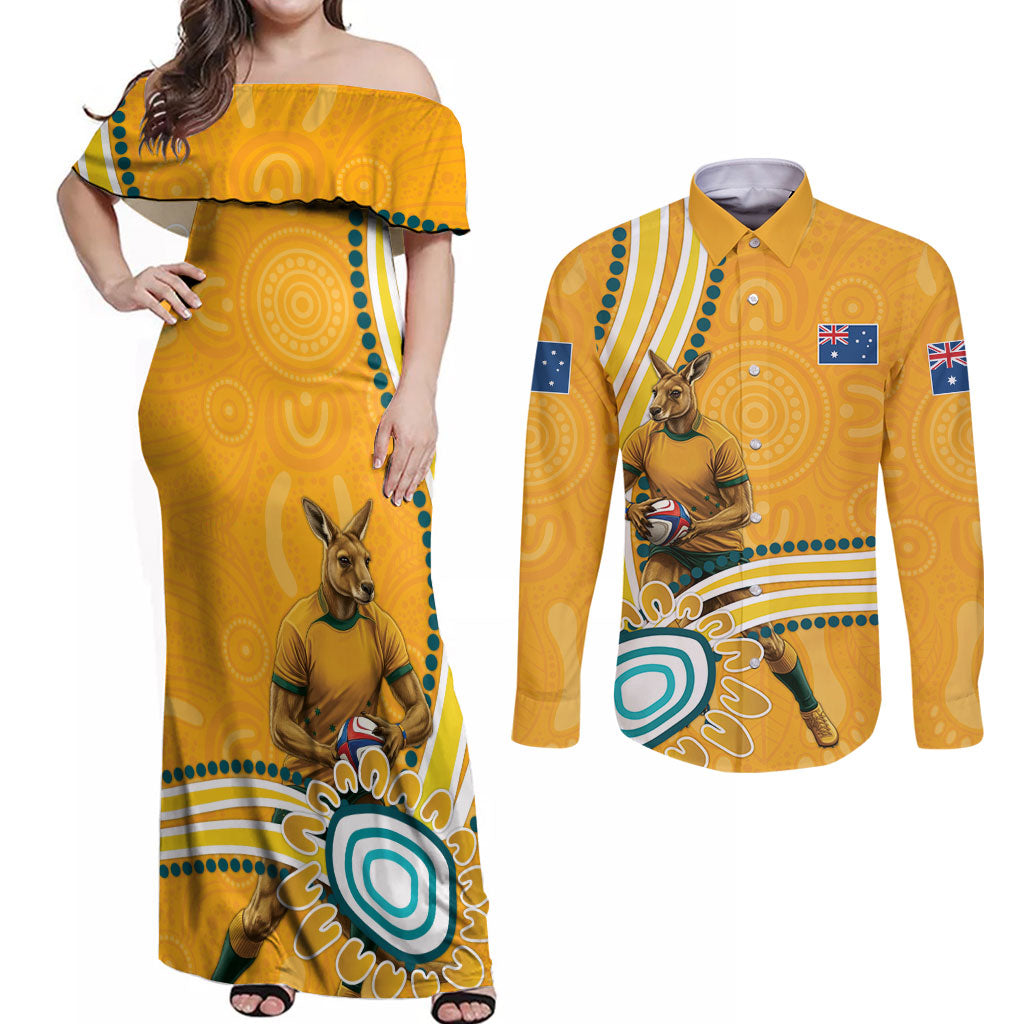 Personalised Australian Rugby Wallabies Couples Matching Off Shoulder Maxi Dress and Long Sleeve Button Shirt Aboriginal Art Kangaroo Player Design