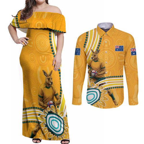 Personalised Australian Rugby Wallabies Couples Matching Off Shoulder Maxi Dress and Long Sleeve Button Shirt Aboriginal Art Kangaroo Player Design