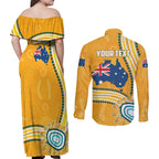 Personalised Australian Rugby Wallabies Couples Matching Off Shoulder Maxi Dress and Long Sleeve Button Shirt Aboriginal Art Kangaroo Player Design
