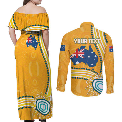 Personalised Australian Rugby Wallabies Couples Matching Off Shoulder Maxi Dress and Long Sleeve Button Shirt Aboriginal Art Kangaroo Player Design