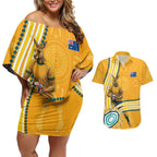 Personalised Australian Rugby Wallabies Couples Matching Off Shoulder Short Dress and Hawaiian Shirt Aboriginal Art Kangaroo Player Design