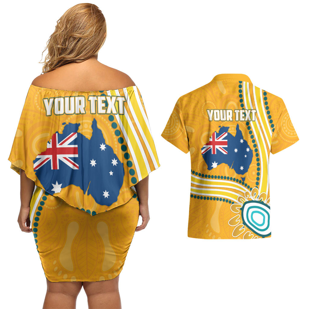 Personalised Australian Rugby Wallabies Couples Matching Off Shoulder Short Dress and Hawaiian Shirt Aboriginal Art Kangaroo Player Design