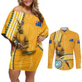 Personalised Australian Rugby Wallabies Couples Matching Off Shoulder Short Dress and Long Sleeve Button Shirt Aboriginal Art Kangaroo Player Design
