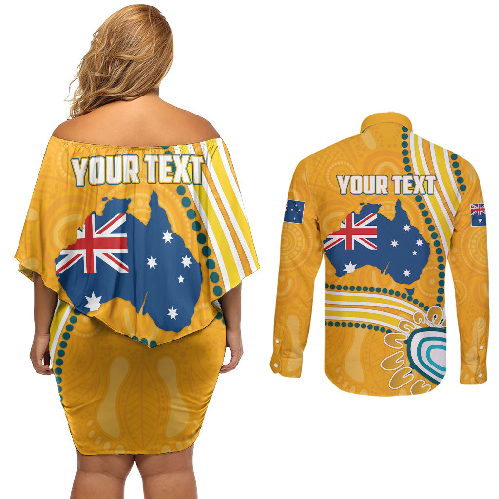 Personalised Australian Rugby Wallabies Couples Matching Off Shoulder Short Dress and Long Sleeve Button Shirt Aboriginal Art Kangaroo Player Design