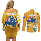 Personalised Australian Rugby Wallabies Couples Matching Off Shoulder Short Dress and Long Sleeve Button Shirt Aboriginal Art Kangaroo Player Design