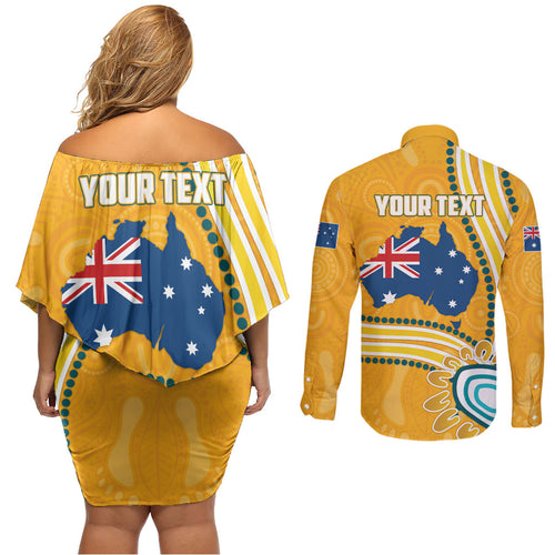 Personalised Australian Rugby Wallabies Couples Matching Off Shoulder Short Dress and Long Sleeve Button Shirt Aboriginal Art Kangaroo Player Design