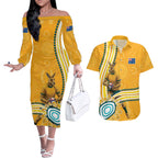 Personalised Australian Rugby Wallabies Couples Matching Off The Shoulder Long Sleeve Dress and Hawaiian Shirt Aboriginal Art Kangaroo Player Design