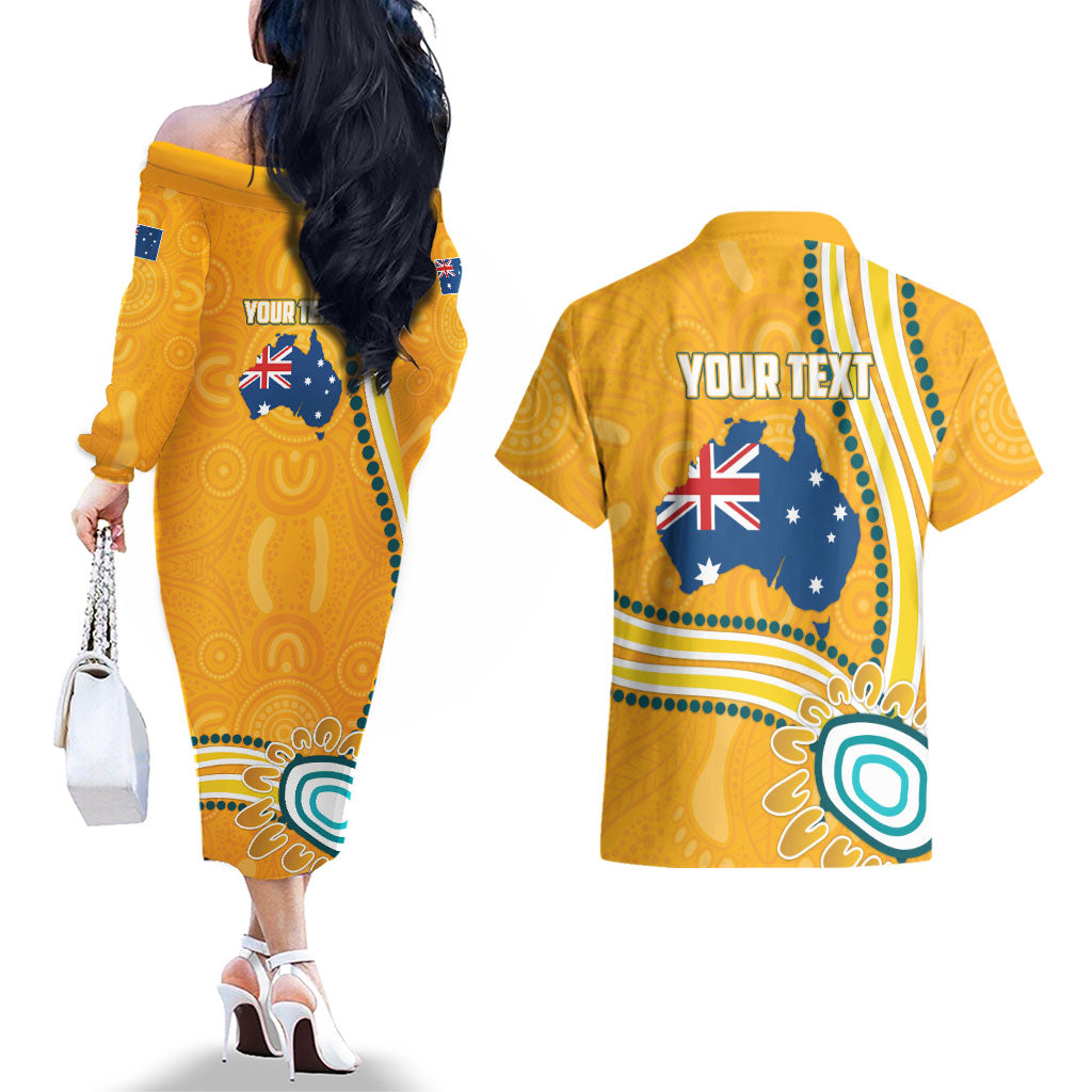 Personalised Australian Rugby Wallabies Couples Matching Off The Shoulder Long Sleeve Dress and Hawaiian Shirt Aboriginal Art Kangaroo Player Design
