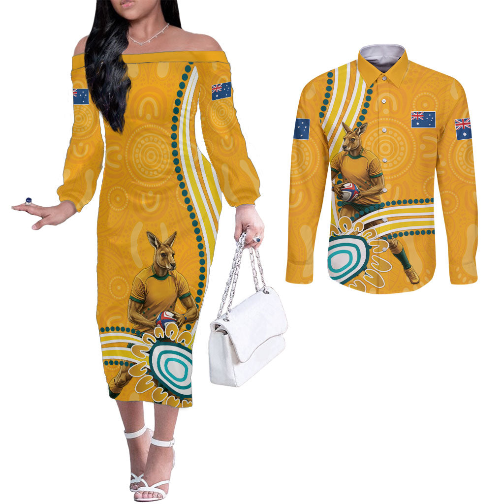 Personalised Australian Rugby Wallabies Couples Matching Off The Shoulder Long Sleeve Dress and Long Sleeve Button Shirt Aboriginal Art Kangaroo Player Design