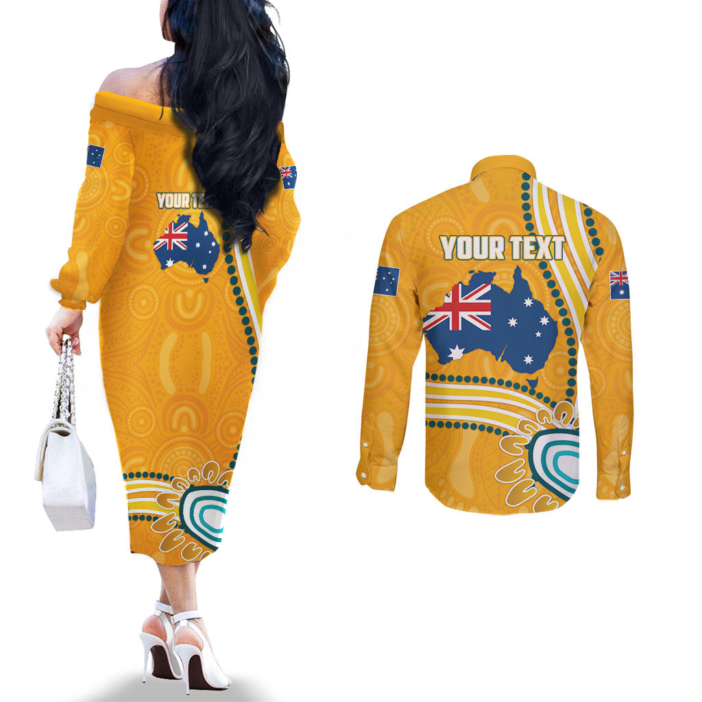 Personalised Australian Rugby Wallabies Couples Matching Off The Shoulder Long Sleeve Dress and Long Sleeve Button Shirt Aboriginal Art Kangaroo Player Design
