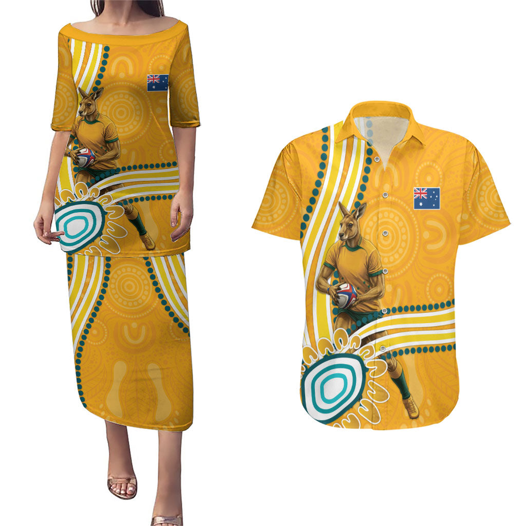 Personalised Australian Rugby Wallabies Couples Matching Puletasi and Hawaiian Shirt Aboriginal Art Kangaroo Player Design