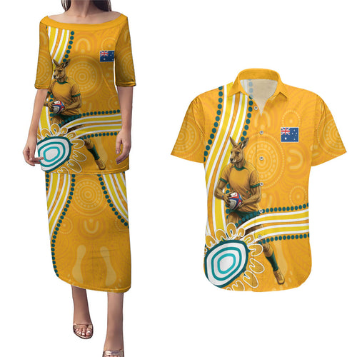 Personalised Australian Rugby Wallabies Couples Matching Puletasi and Hawaiian Shirt Aboriginal Art Kangaroo Player Design