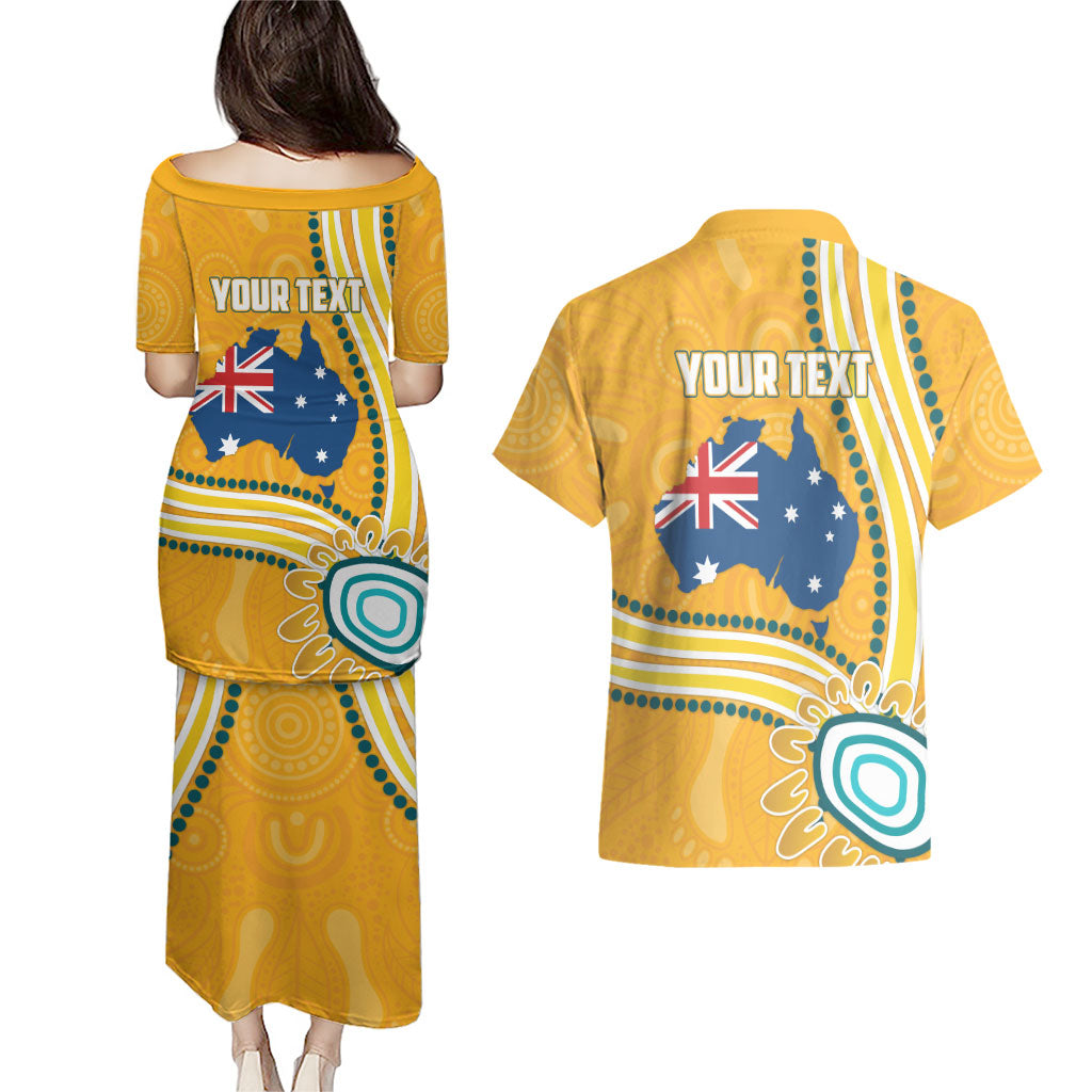 Personalised Australian Rugby Wallabies Couples Matching Puletasi and Hawaiian Shirt Aboriginal Art Kangaroo Player Design