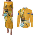 Personalised Australian Rugby Wallabies Couples Matching Puletasi and Long Sleeve Button Shirt Aboriginal Art Kangaroo Player Design