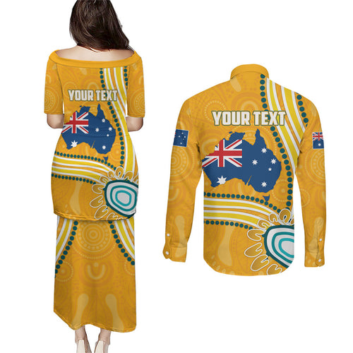Personalised Australian Rugby Wallabies Couples Matching Puletasi and Long Sleeve Button Shirt Aboriginal Art Kangaroo Player Design