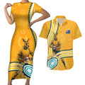 Personalised Australian Rugby Wallabies Couples Matching Short Sleeve Bodycon Dress and Hawaiian Shirt Aboriginal Art Kangaroo Player Design