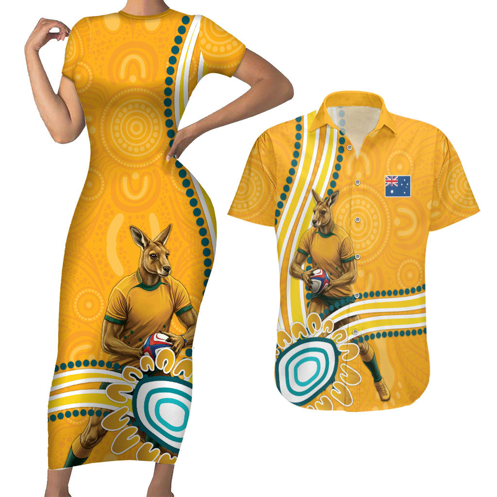 Personalised Australian Rugby Wallabies Couples Matching Short Sleeve Bodycon Dress and Hawaiian Shirt Aboriginal Art Kangaroo Player Design