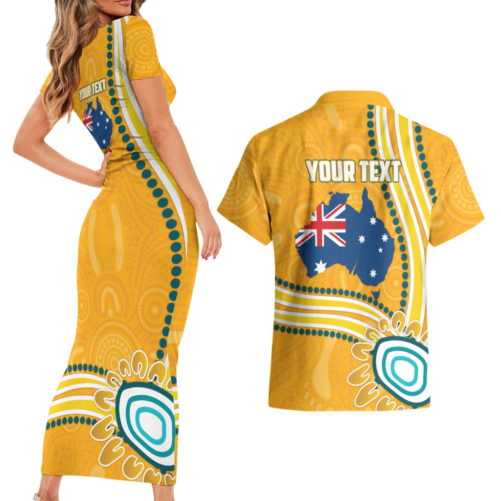 Personalised Australian Rugby Wallabies Couples Matching Short Sleeve Bodycon Dress and Hawaiian Shirt Aboriginal Art Kangaroo Player Design