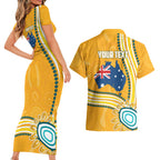 Personalised Australian Rugby Wallabies Couples Matching Short Sleeve Bodycon Dress and Hawaiian Shirt Aboriginal Art Kangaroo Player Design