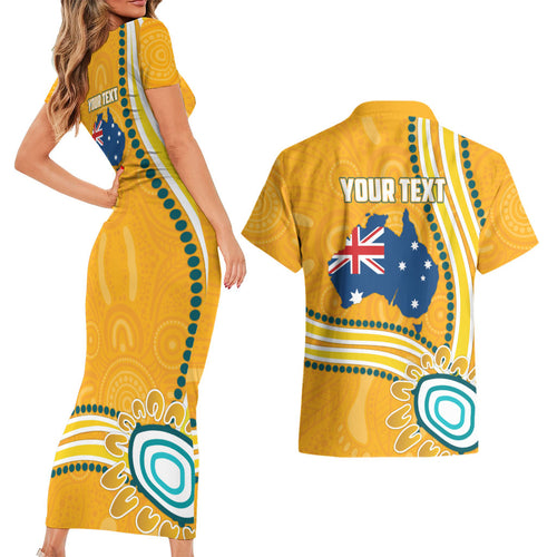Personalised Australian Rugby Wallabies Couples Matching Short Sleeve Bodycon Dress and Hawaiian Shirt Aboriginal Art Kangaroo Player Design